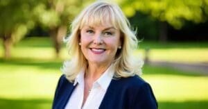 Smiling blonde woman in a navy blazer and white blouse posing outdoors in a sunny park.